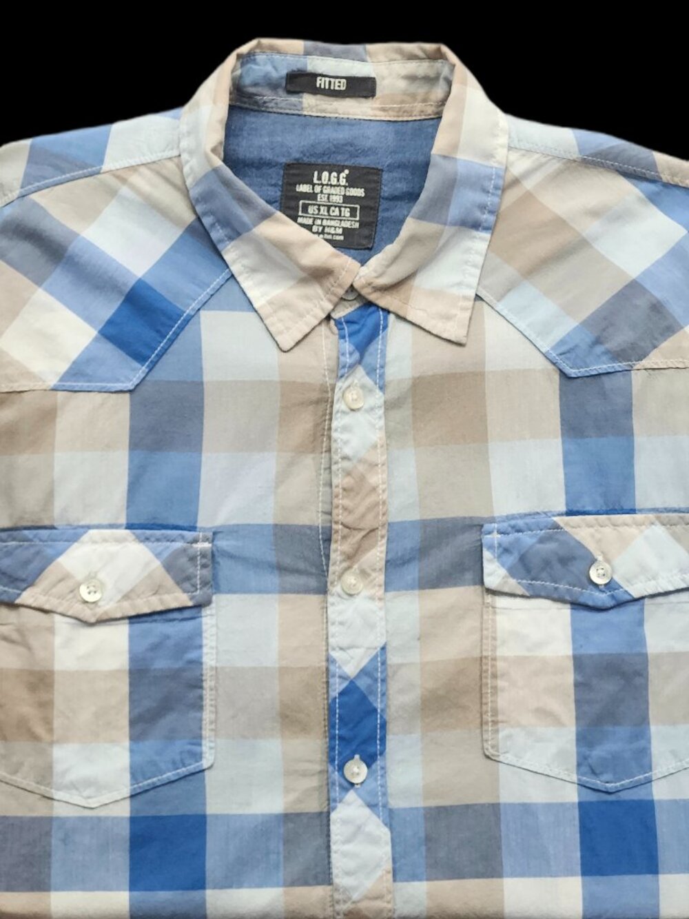 H&M L.O.G.G. Fitted Checkered Button-Up – XL – Blue/Beige/White